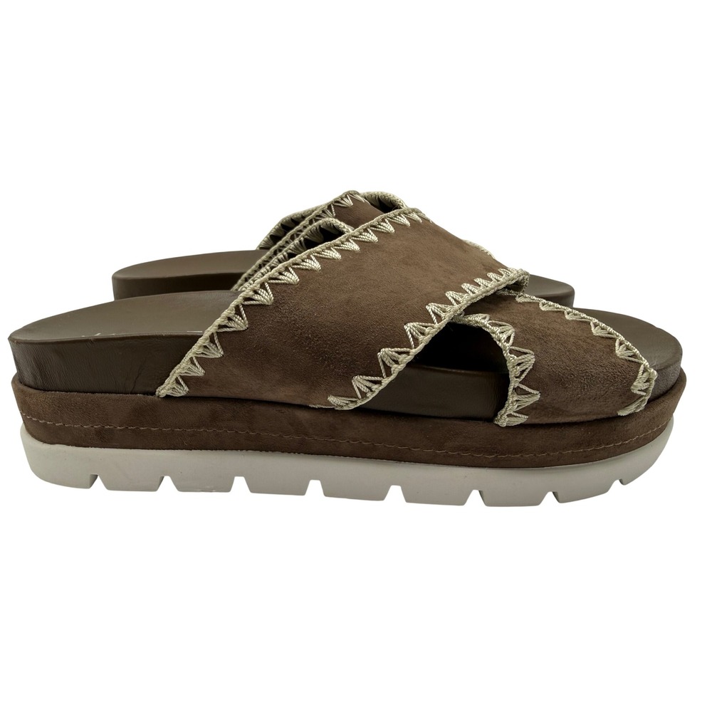 J/Slides NYC Platform Sandals Womens 8.5 Brown Excellent Whipstitch Suede Slides